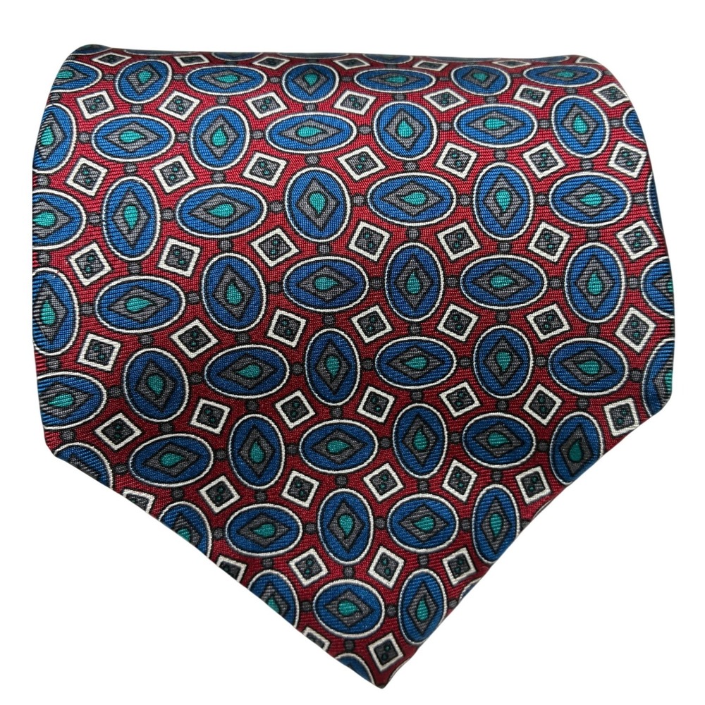 Savile Row 100% Silk Necktie Red Blue Geometric Medallion Wide 4in Mens Tie